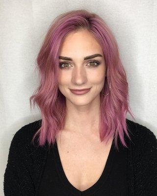 Stunning pink hair by team of stylists Brenda, Alicia, Rebekah, and bailey. Visit our luxury greater Charlotte salon and spa.