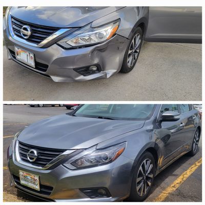 Before and after photo of vehicle damage.