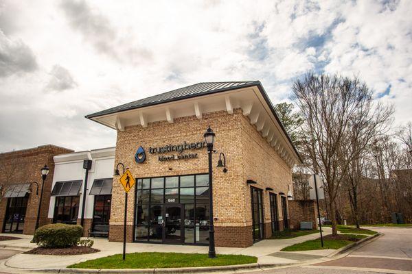 Outside picture of Trusting Heart Blood Center Raleigh, NC.