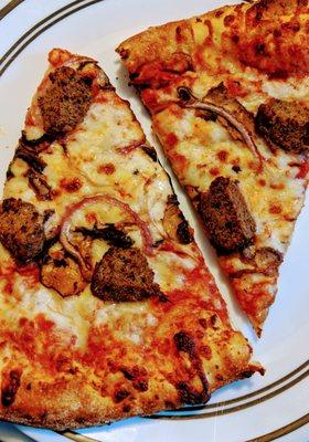 Meatball, Mushroom, and Onion pizza