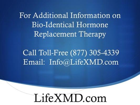 LifeXMD toll free phone number for information on bioidentical hormone replacement therapy