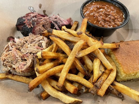 Brisket, Pulled Pork, Fries, Beans & Corn Bread