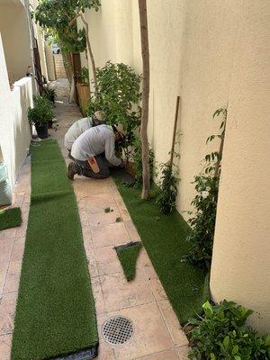 Landscape install synthetic lawn, pots, and plants.