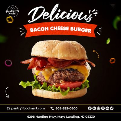 Bacon Cheese Burger
 Order Now:- https://pantry1foodmart.com/menu
 .
 .
 #bacon #burger #cheeseburger #wrap #breakfastwraps #chicken