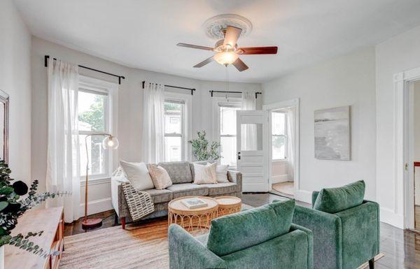 Staged living room of Randy's listing in Jamaica Plain