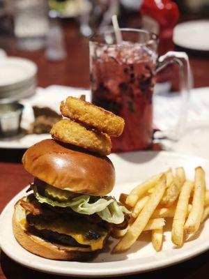 Steakhouse Bacon Cheeseburger. No onion. Amazing. Raspberry drink