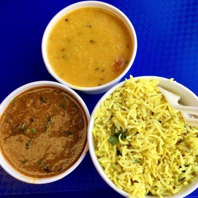 3 item combo (rice, dal, lamb curry)