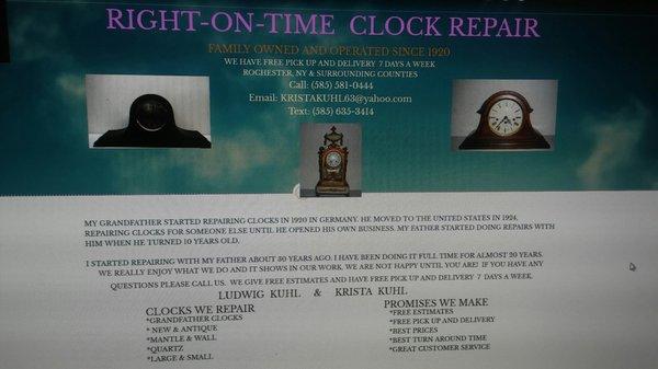 RIGHT-ON-TIME CLOCK REPAIR.  Est 1920.  Free Pick up &  delivery in Rochester NY & Surounding counties.  585-581-0444 or text. 585-635-3414