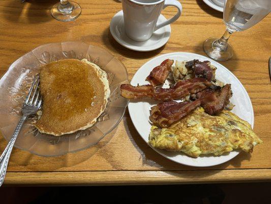 Pancakes, Omelette, Bacon and Fried Potatoes