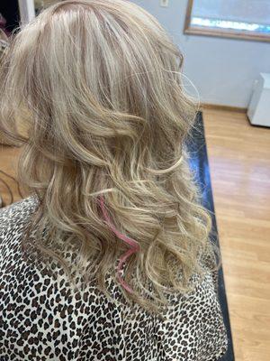 Root touchup with some blonde highlights with one pink extension for breast cancer awareness month in October!