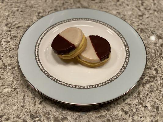 New York style black and white cookies with apple and cheddar butter cream filling.