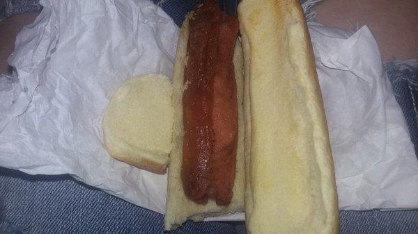 This was a hot dog I got from here on Sept 15th around 6:50 PM 
 Bun as hard as a crouton and the hot dog too