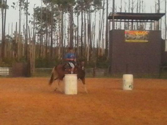 Training on barrels 3 year old gelding born at GD Ranch