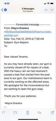 Gym has been closed for two weeks+ and we just now get this email....