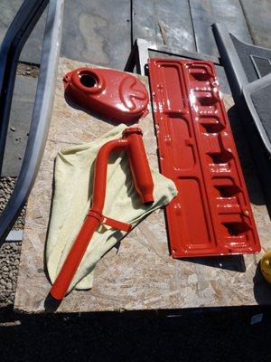 1942 Chevy truck push rod cover, timing cover & oil filler housing.