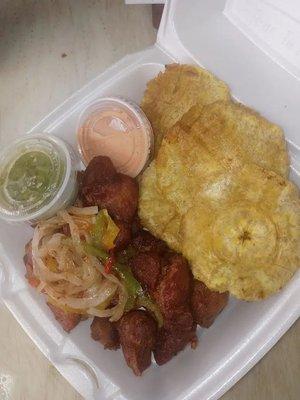 Carne de Cerdo Frita con Tostones / Fried Pork with Fried Green Plantains