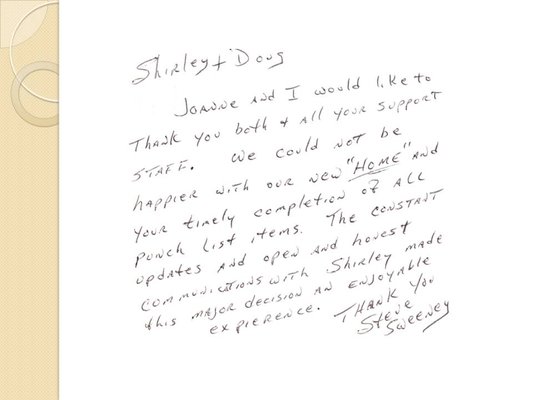 Pen written thank you note from our happy clients.