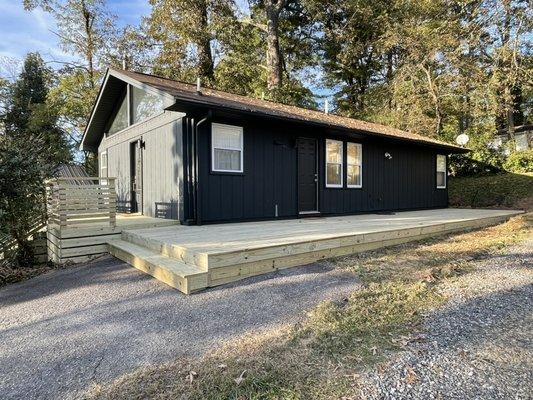 ...this nice outdoor space. Was a small concrete patio but we built this up to be more functional by taking the length of the house.