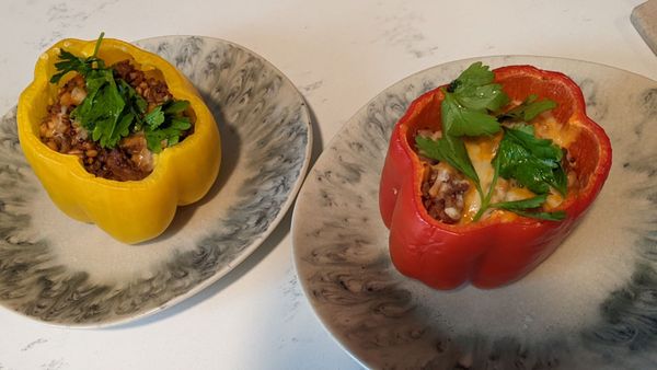 Made stuffed peppers (gr beef, farro, cheese, tomato paste, onions & garlic) from Uncle G's haul