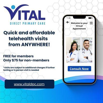 Vital Direct Primary Care offers virtual telehealth visits from the comfort of your own home!
-Prescriptions sent electronically