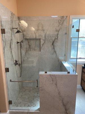 Heavy Frameless shower with 90 degree corner