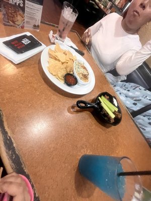 Appetizers !! Super delicious. Spinach & Artichoke Dip Platter & blue raspberry lemonade I believe.