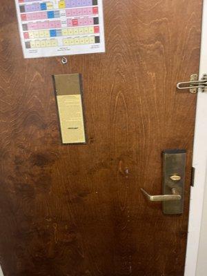 This nasty door with old yellowed information placard on the back