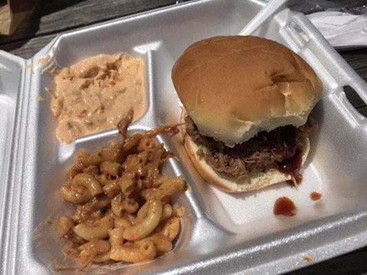 Pulled Pork BBQ Sandwich with BBQ Mac & Cheese and Potato Salad