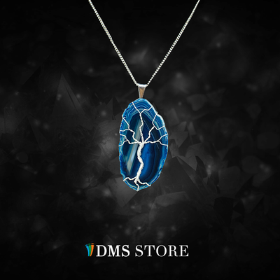 Slice Blue Agate Tree of Life Pendant Silver plated.