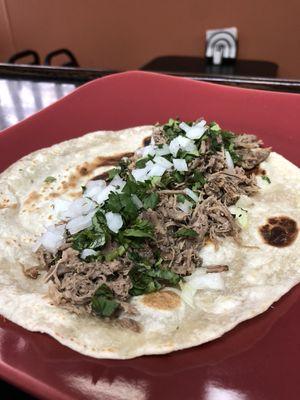 Taco De Harina with Barbacoa topped with cilantro and onions.  Definitely on the favorites list