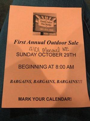 Family Indoor Flea Market is having their First Annual Outdoor Sale tomorrow 10/29/17 starting at 8am!!