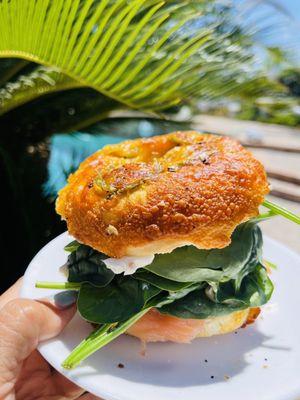 Jalapeños cheese bagel w cream cheese, lox, spinach, avocado, hummus