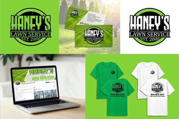 Brand identity package created for Haney's Lawn Service. Custom logo, custom business cards, company shirt mock-up, and Facebook Banner.