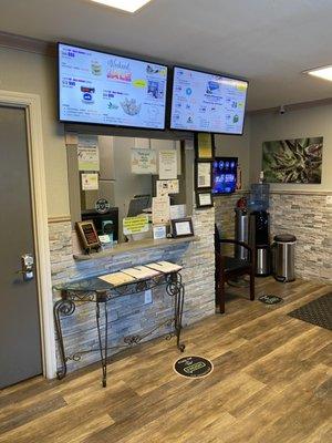 Our renovated lobby, with TVs that display our live menu and daily deals