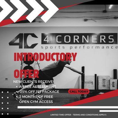 Introductory Offer
Limited Time
Join 4 Corners today and get:
-A FREE assessment
-25% off your 1st package
-2 months of open gym