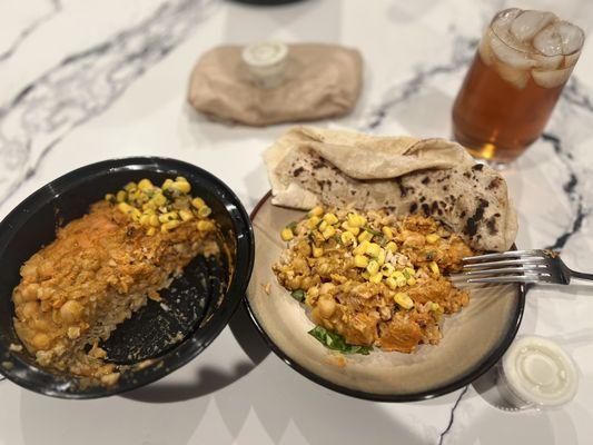 Chicken Tikka Masala Rice Bowl with half chana chickpeas, corn relish and cool chutney.  Cheese naan on the side.