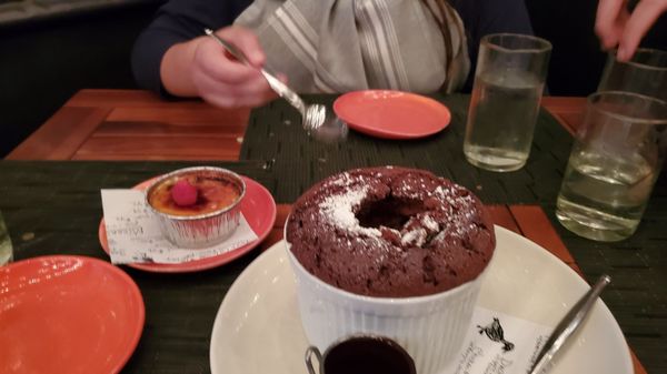 Chocolate souffle and creme brulee