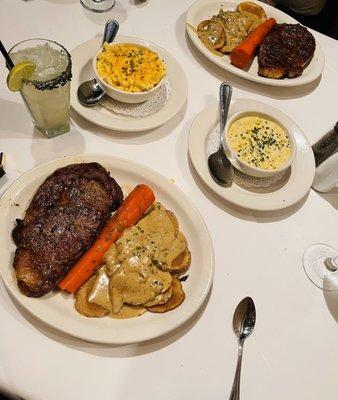 BOB's STEAK & CHOP HOUSE:  Prime Ribeye (14 oz.), Skillet Fried Potatoes, Macaroni & Cheese, & Creamed Corn