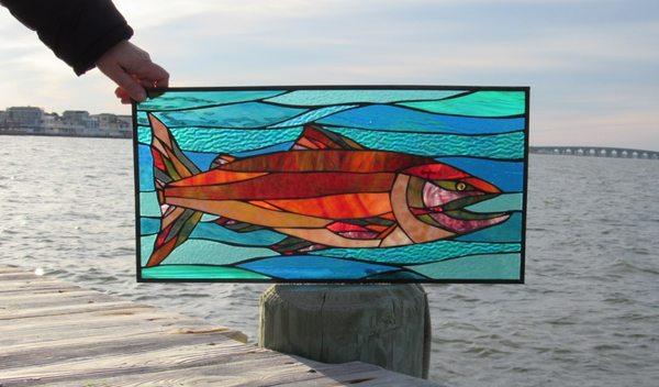 Custom salmon stained glass that we sent to Alaska.