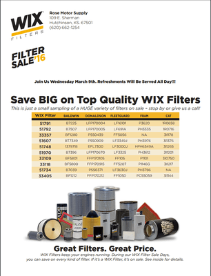 WIX Filter Sale! March 9th, 2016, Save up to 65%!