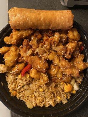 Sesame Chicken combo pork eggroll and fried rice