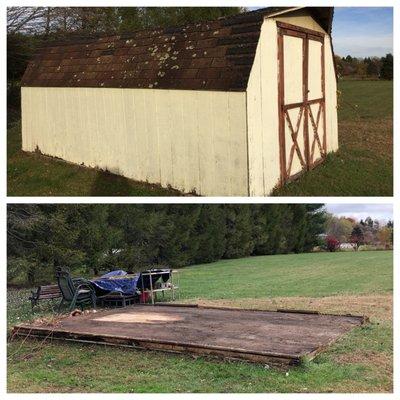 Before and after of a shed removal job in Montgomery, NY.