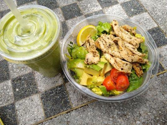 The Hulk smoothie and a pesto grilled chicken avocado salad!