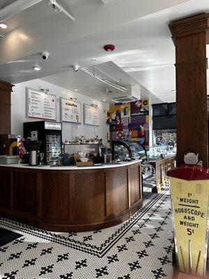 Barista station and ice cream display cases.