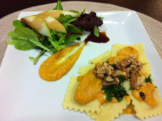 Butternut squash ravioli w/squash puree candied walnuts & apple salad