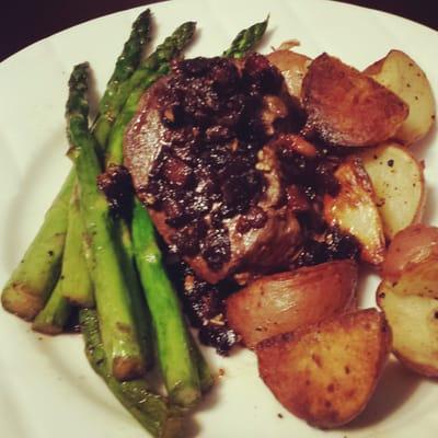 Caramelized bacon relish with pan seared, Painted Hills, OR filet mignon with sauteed asparagus and roasted red potatoes