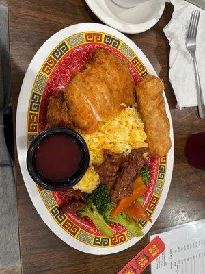 Combination Plate Sweet and Sour Chicken With Beef and Broccoli.