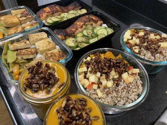 Fall Meal Prep: Kabocha Squash Soup, Harvest Salad, Miso Ginger Glazed Salmon, Thai Green Curry Tofu