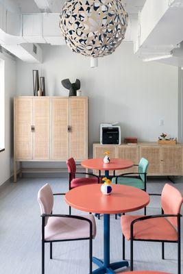 Interior design of office break room for Laughing Gull Foundation in Durham, NC