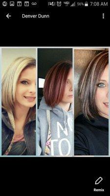 She wanted red violet and blond then she changed her mind and she wanted to take the red violet to brown and blond. Short inverted hair cut.